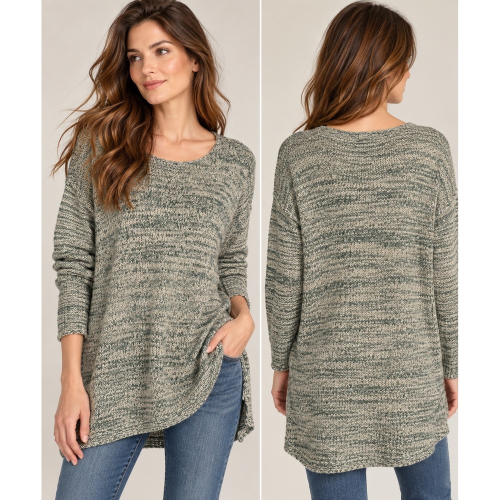 Pure Jill Tunic Sweater L Grey Marled Cotton Blend Knit Long Sleeve Coastal Cozy